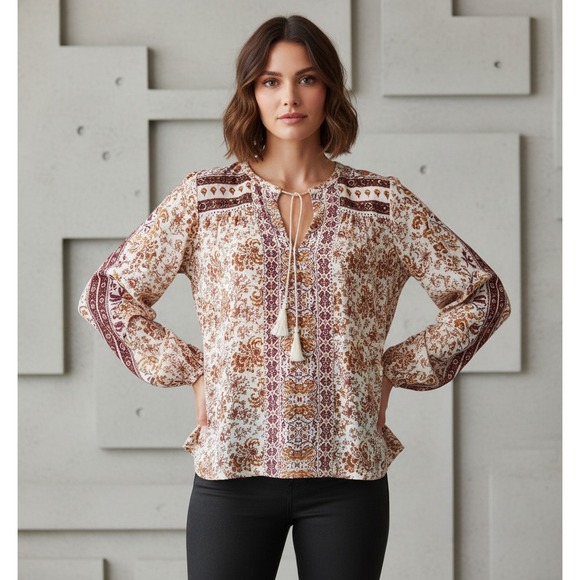 Lucky Brand Tops - Lucky Brand‎ L Knit Top Cream Burgundy Floral Tassel Sequins Lace Cottage Boho